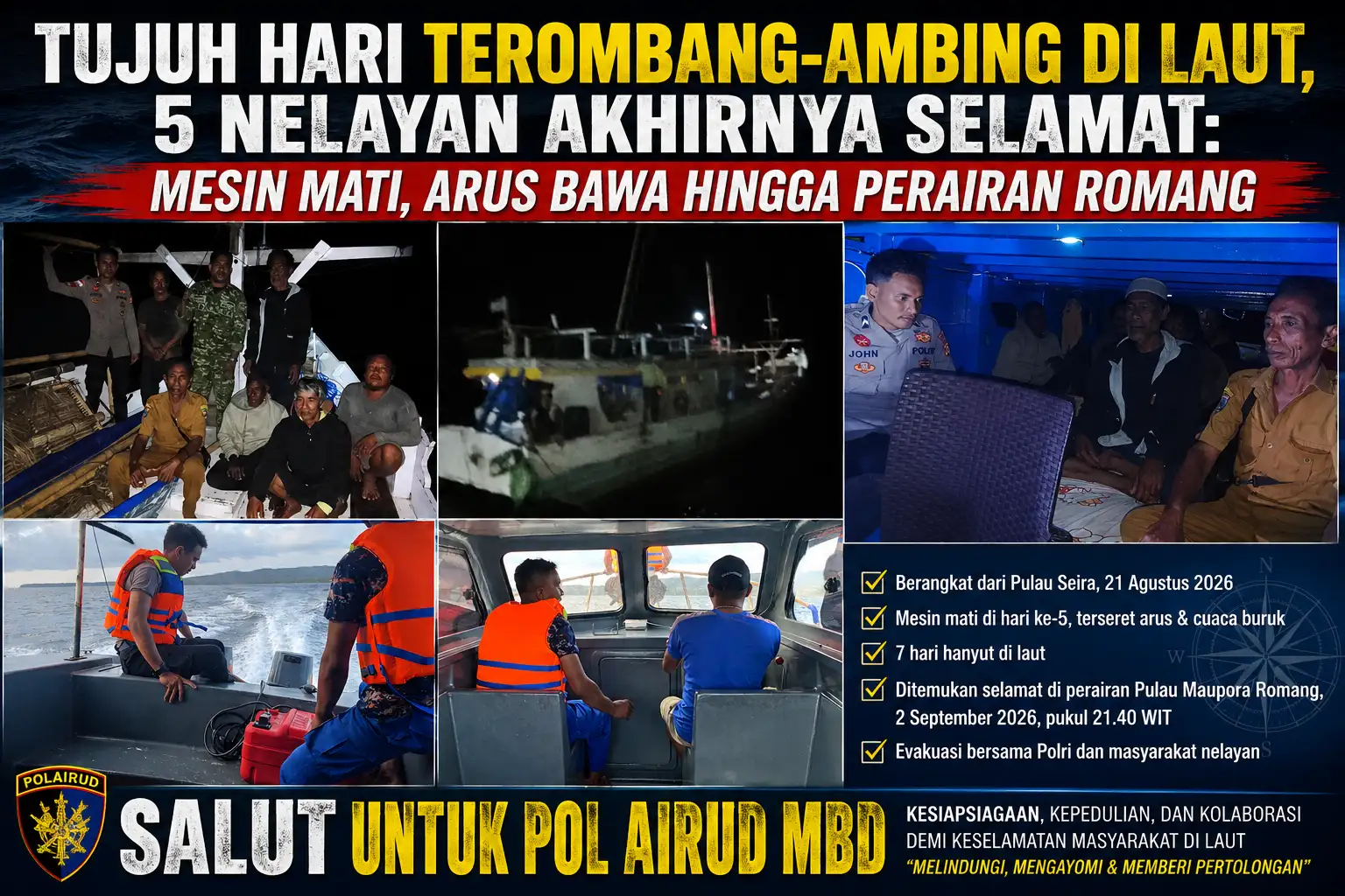 TUJUH HARI TEROMBANG-AMBING DI LAUT, 5 NELAYAN AKHIRNYA SELAMAT: MESIN MATI, ARUS BAWA HINGGA PERAIRAN ROMANG