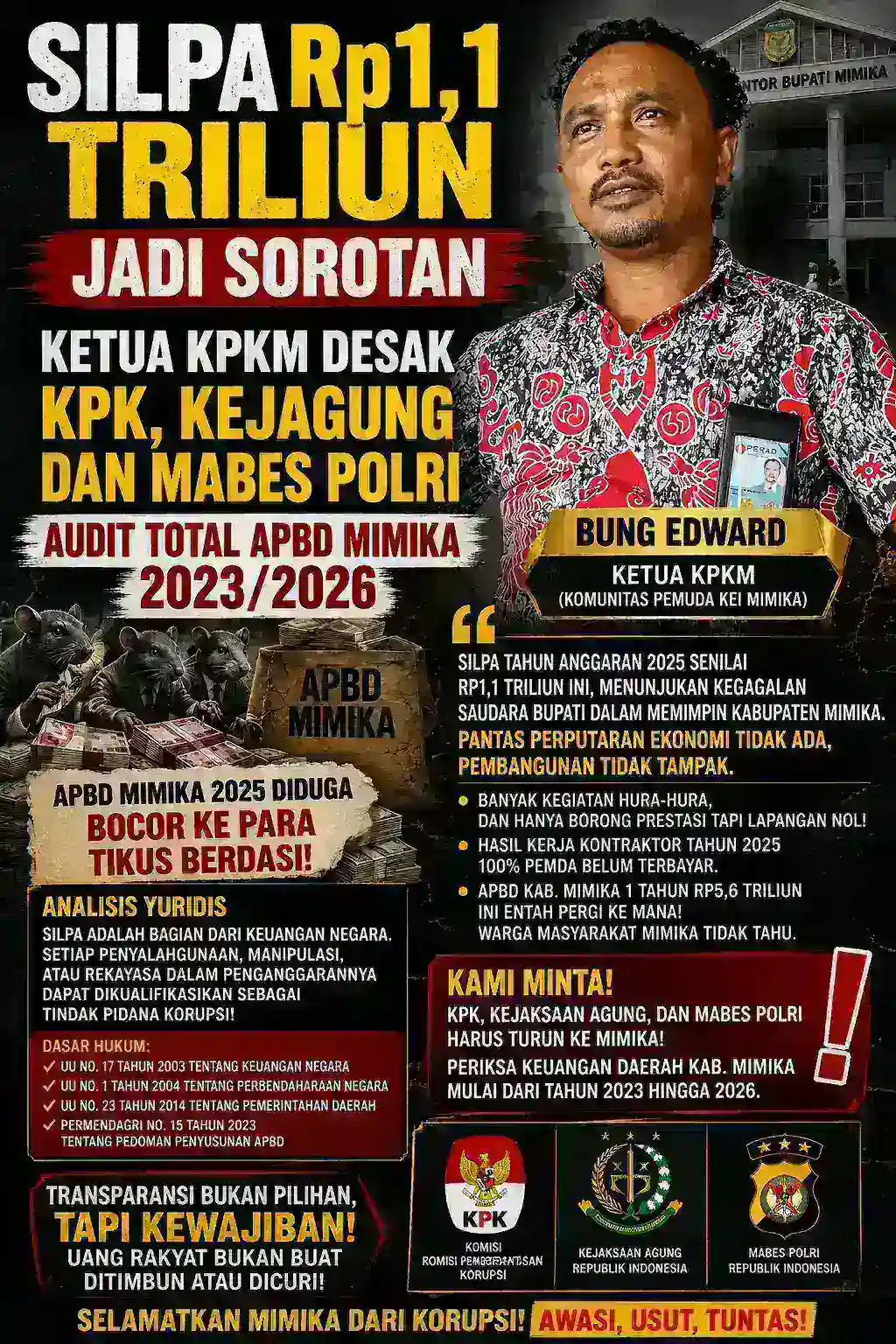 SILPA Rp1,1 Triliun Jadi Sorotan, Ketua KPKM Desak KPK, Kejagung dan Mabes Polri Audit Total APBD Mimika 2023–2026