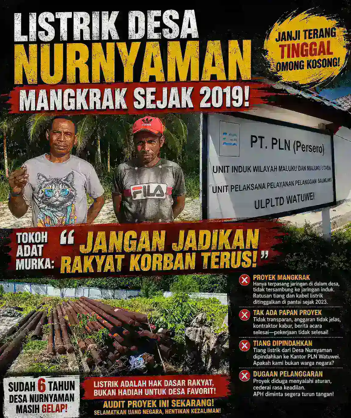 Listrik Desa Nurnyaman Mangkrak Sejak 2019, Tokoh Adat Murka: 