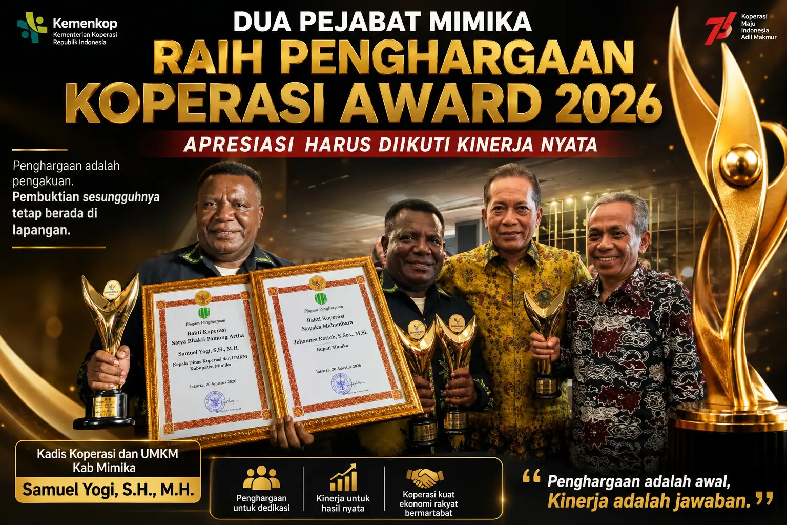 Dua Pejabat Mimika Raih Penghargaan Koperasi Awards 2026, Apresiasi Harus Diikuti Kinerja Nyata