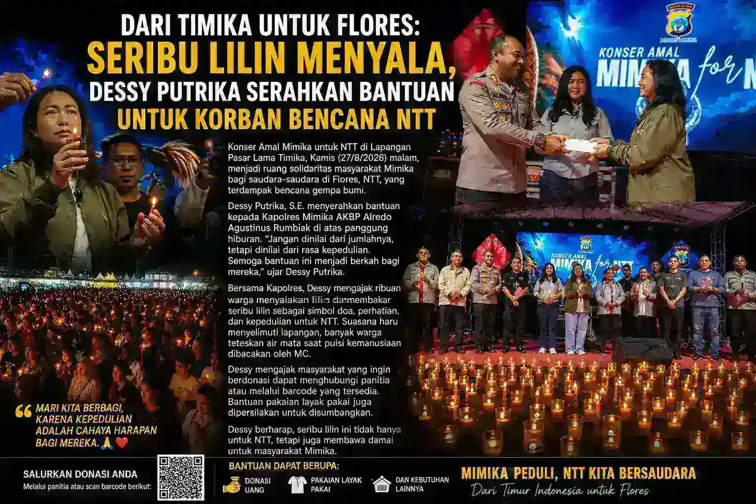 DARI TIMIKA UNTUK FLORES: SERIBU LILIN MENYALA, DESSY PUTRIKA SERAHKAN BANTUAN UNTUK KORBAN BENCANA NTT