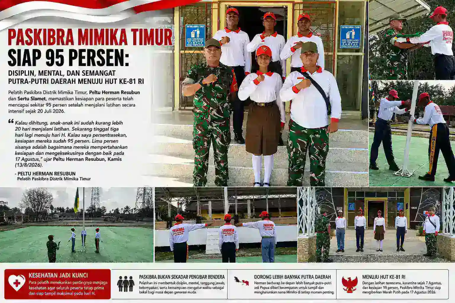 PASKIBRA MIMIKA TIMUR SIAP 95 PERSEN: DISIPLIN, MENTAL, DAN SEMANGAT PUTRA-PUTRI DAERAH MENUJU HUT KE-81 RI