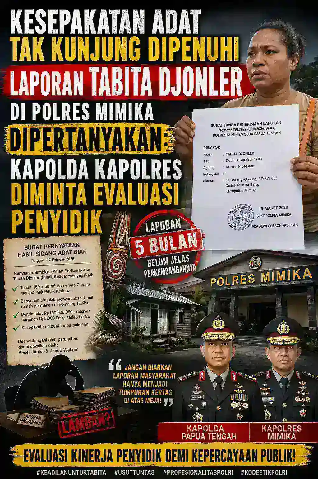 Kesepakatan Adat Tak Kunjung Dipenuhi, Laporan Tabita Djonler di Polres Mimika Dipertanyakan: Kapolda dan Kapolres Diminta Evaluasi Penyidik