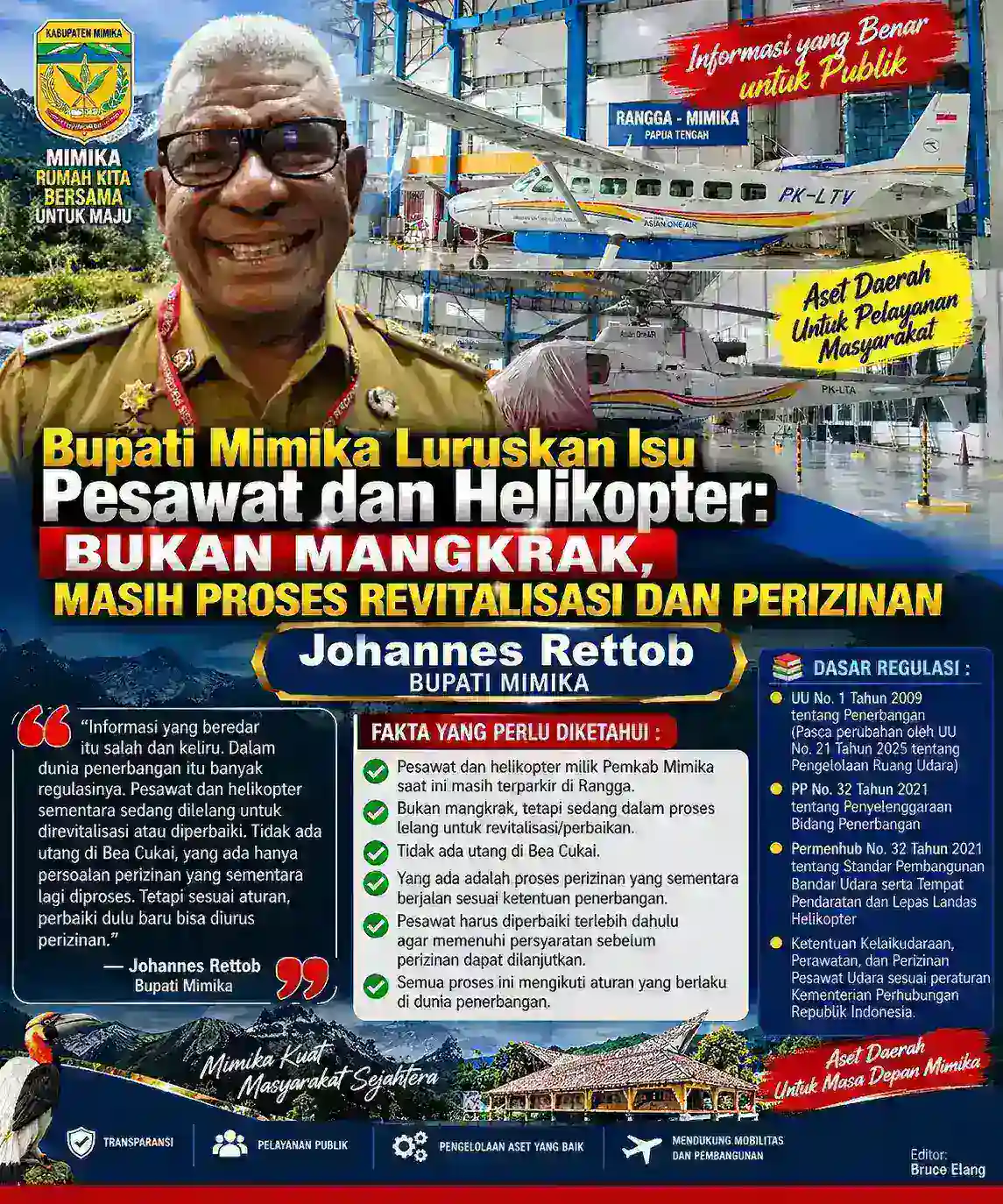 Bupati Mimika Luruskan Isu Pesawat dan Helikopter: Bukan Mangkrak, Masih Proses Revitalisasi dan Perizinan