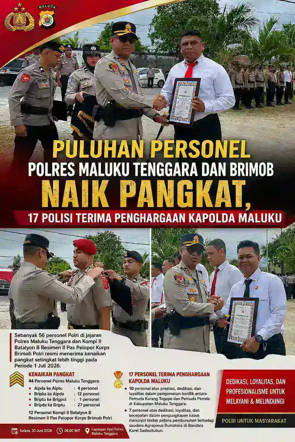 Puluhan Personel Polres Maluku Tenggara dan Brimob Naik Pangkat, 17 Polisi Terima Penghargaan Kapolda Maluku