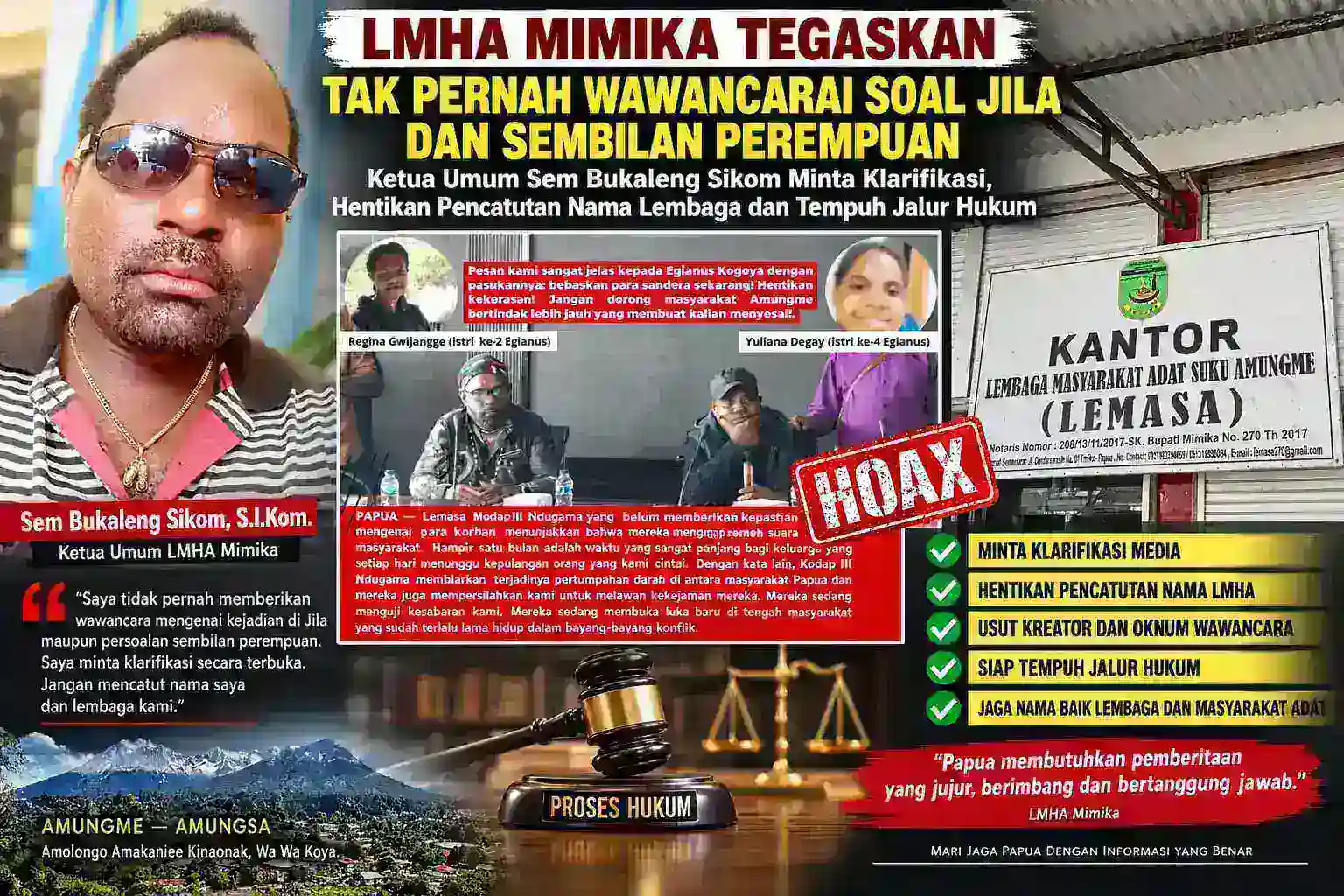 LMHA Mimika Tegaskan Tak Pernah Wawancarai Soal Jila dan Sembilan Perempuan: Ketua Umum Sem Bukaleng Sikom Minta Klarifikasi, Hentikan Pencatutan Nama Lembaga dan Tempuh Jalur Hukum